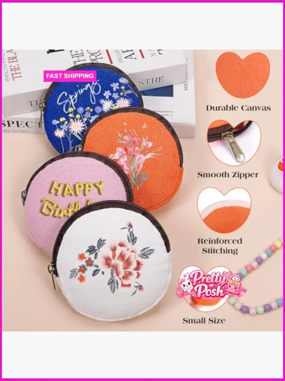 6 Piece Cotton Canvas Makeup Bag Set with Wide Bottom, Zipper Pouch
